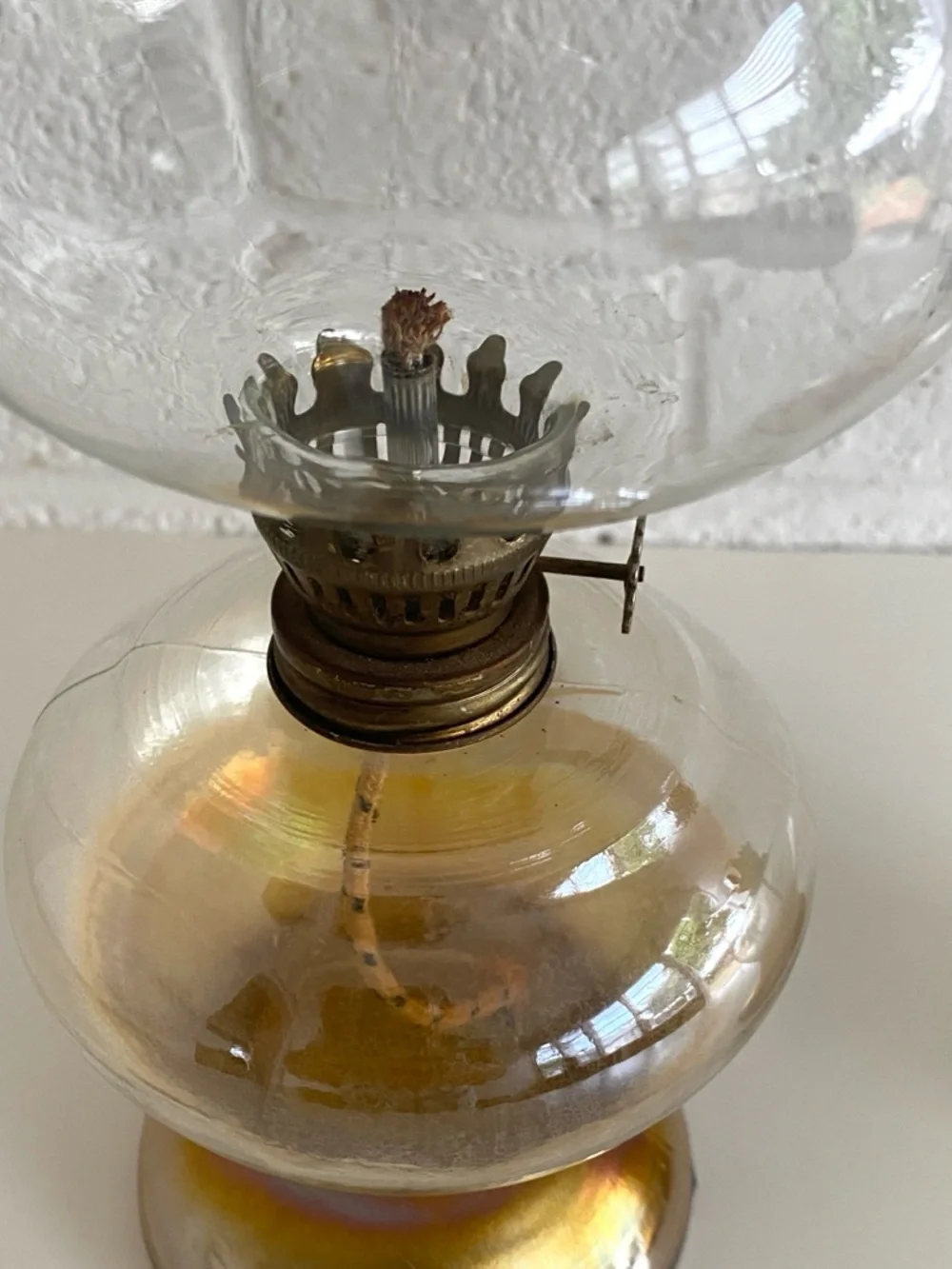 Pair of Vintage Iridescent Glass Oil Hurricane Lamps